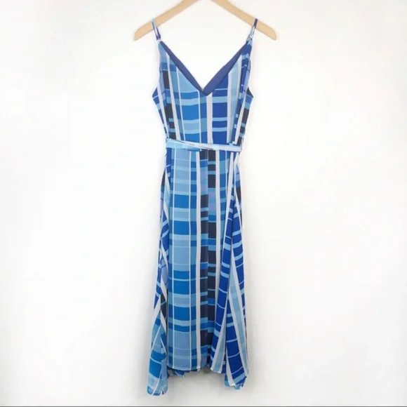 Evereve Allison Joy Sleeveless Wrap Dress Belted Blue Geometric Large - Picture 4 of 6